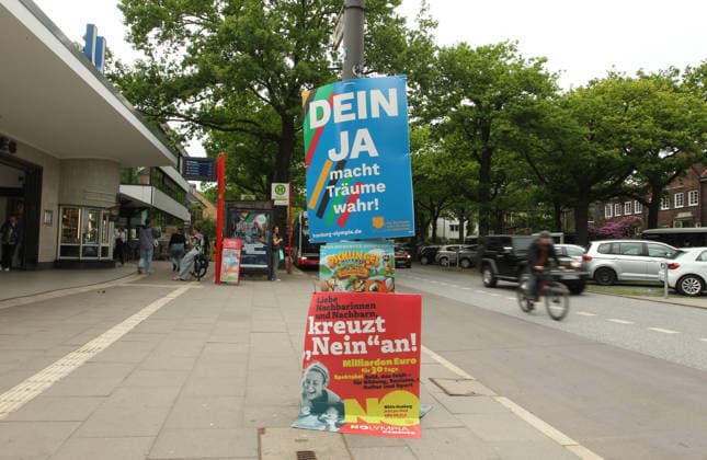 A poster of the Hamburg Olympic Campaign was attached to a lamppost at Borgweg underground station A poster of the NOlympia initiative was attached underneath it On May 31, a referendum will be held in the Hanseatic city to decide on a bid to host the Olympic Games and Paralympics Winterhude Hamburg
