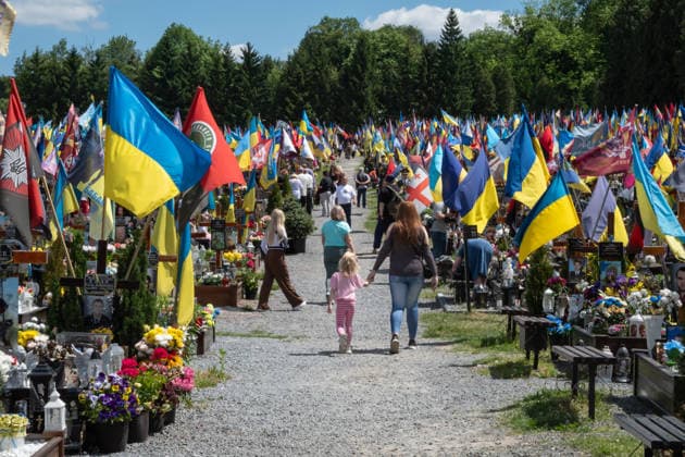 Commemoration procession held on Heroes Day in Lviv, Ukraine LVIV, UKRAINE, MAY 23: Military and civilians take part in a ceremony to honor the memory of fallen servicemen at the honorary burial grounds at the Lychakiv Cemetery during the Day of Heroes of Ukraine in Lviv, Ukraine, May 23, 2026. Also on this day, military personnel, police, members of youth organizations and civilians marched through the city in a solemn procession dedicated to all participants of the ATO JFO, war veterans and participants who died or are fighting for the freedom of Ukraine. Olena Znak Anadolu Lviv Ukraine. Editorial use only. Please get in touch for any other usage. Copyright: x2026xAnadoluxOlenaxZnakx