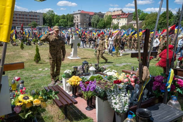 Commemoration procession held on Heroes Day in Lviv, Ukraine LVIV, UKRAINE, MAY 23: Military and civilians take part in a ceremony to honor the memory of fallen servicemen at the honorary burial grounds at the Lychakiv Cemetery during the Day of Heroes of Ukraine in Lviv, Ukraine, May 23, 2026. Also on this day, military personnel, police, members of youth organizations and civilians marched through the city in a solemn procession dedicated to all participants of the ATO JFO, war veterans and participants who died or are fighting for the freedom of Ukraine. Olena Znak Anadolu Lviv Ukraine. Editorial use only. Please get in touch for any other usage. Copyright: x2026xAnadoluxOlenaxZnakx