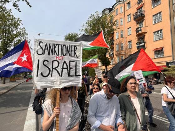 Israel s intervention in the Global Sumud Flotilla was protested in Sweden STOCKHOLM, SWEDEN - MAY 23: Demonstrators, holding banners, gather at Odenplan Square to protest the Israeli army s intervention against the Global Sumud Flotilla, which set sail to deliver humanitarian aid to the Gaza Strip, in Stockholm, Sweden, on May 23, 2026. Convened by numerous non-governmental organizations, the crowd demanded an immediate halt to alleged Israeli war crimes in Gaza and marched through the city center to condemn the interception of the flotilla and the mistreatment of international activists. Atila Altuntas Anadolu Stockholm Sweden. Editorial use only. Please get in touch for any other usage.  Copyright: x2026xAnadoluxAtilaxAltuntasx