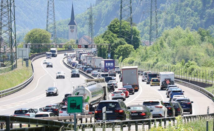 23 05 2026 Switzerland Canton Uri Traffic jam picture Whitsun traffic jam on the Gotthard highway