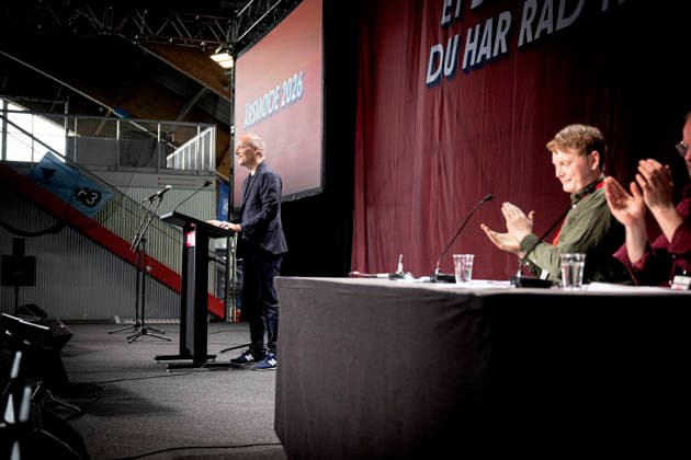 Denmark Politics Pelle Dragsted, political spokesperson for the Red Green Alliance speaks during the political partys annual meeting at Hafnia Hallen in Copenhagen, Denmark, Saturday May 23, 2026 , Copenhagen Denmark  Copyright: NILSxMEILVANG NilsxMeilvangx spdk20260523-161406-L