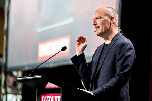 Denmark Politics Pelle Dragsted, political spokesperson for the Red Green Alliance speaks during the political partys annual meeting at Hafnia Hallen in Copenhagen, Denmark, Saturday May 23, 2026 , Copenhagen Denmark  Copyright: NILSxMEILVANG NilsxMeilvangx spdk20260523-155736-L