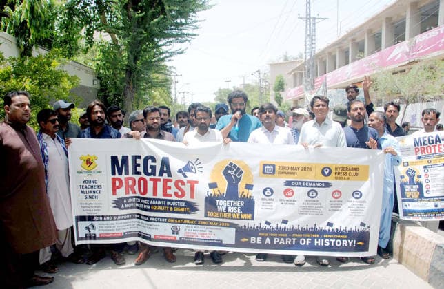 RECORD DATE NOT STATED Members of Young Teacher Alliance Sindh are holding protest demonstration for acceptance of their demands, at Hyderabad press club on Saturday, May 23, 2026. (Sajjad Zaidi PPI Images). EDITORIAL USE ONLY Copyright: xx AR-ZM-230526x ppiphotos479426