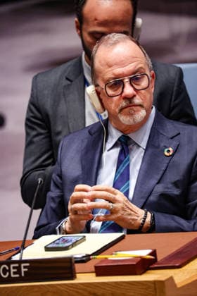 May 23, 2026, New York, New York, USA: TED CHAIBAN, UNICEF Deputy Executive Director, sits with hands steepled the UN Security Council during an emergency meeting on Ukraine at UNHQ following Russian allegations of a Ukrainian drone strike on a vocational school and student dormitory in Russian-controlled Luhansk, which Ukraine denies targeted civilians. New York USA - ZUMAo116 20260523_znp_o116_005 Copyright: xBiancaxOterox