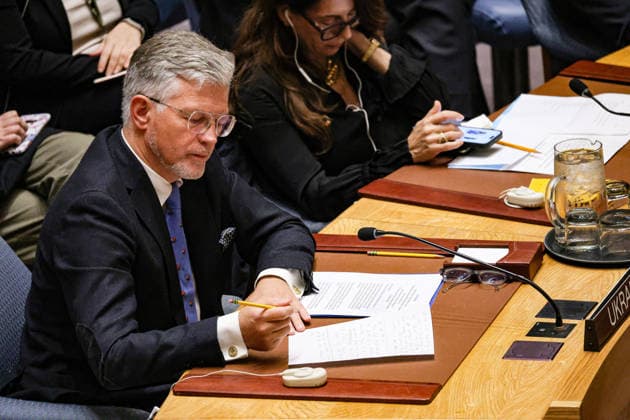 May 23, 2026, New York, New York, USA: ANDRII MELNYK, Permanent Representative of Ukraine to the UN, looks over notes during an emergency UN Security Council meeting on Ukraine at UNHQ following Russian allegations of a Ukrainian drone strike on a vocational school and student dormitory in Russian-controlled Luhansk, which Ukraine denies targeted civilians. New York USA  - ZUMAo116 20260523_znp_o116_013 Copyright: xBiancaxOterox