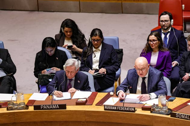 May 23, 2026, New York, New York, USA: VASSILY NEBENZIA on right, Permanent Representative of Russia to the UN, speaks during an emergency UN Security Council meeting on Ukraine at UNHQ following Russian allegations of a Ukrainian drone strike on a vocational school and student dormitory in Russian-controlled Luhansk, which Ukraine denies targeted civilians. New York USA - ZUMAo116 20260523_znp_o116_016 Copyright: xBiancaxOterox