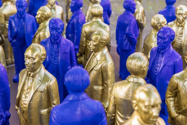 Adenauer art installation in Bad Honnef 23 05 26 Art installation by artist Ottmar Hörl with 200 gold and blue sculptures of the first Federal Chancellor Konrad Adenauer on the church square in Bad Honnef The presentat Copyright: xMarcxJohnx