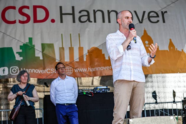 CSD Hannover 2026 Motto We are writing the future Equal Rights Self-determined Queer Speech by Belit Onay Bündnis90 Die Grünen , Lord Mayor of the State Capital Hannover on the Opera Square Hannover Opera Square, Stage Lower Saxony, Hannover Region Germany