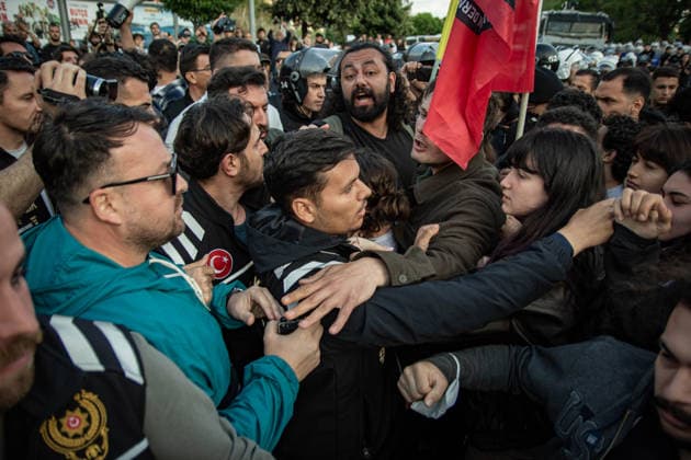 May 24, 2026, Istanbul, Istanbul, Turkey: Students, labor unions and civil society groups clashed with riot police on the third day after Istanbul Bilgi University was allegedly shut down by presidential decree signed by Turkish President Recep Tayyip Erdogan in Istanbul, Turkey, on May 22, 2026. Students occupying university buildings in protest against the closure decision were forcibly removed from the campus by police. Riot police used pepper spray during the intervention as violent scuffles erupted around the university. Demonstrators continued to protest in defense of academic freedom and university autonomy amid a heavy police presence. Istanbul Turkey  - ZUMAt171 20260524_zip_t171_045 Copyright: xAbdullahxTepelix