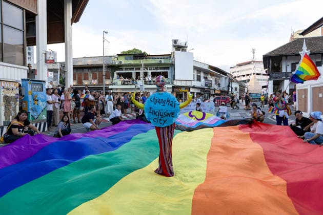 The Chiang Mai Pride Parade 2026 celebrations in Chiang Mai, Thailand - 24 May 2026 Sirisak Chaited, representative of the Chiang Mai Pride organizing committee, poses on a large rainbow flag during the Chiang Mai Pride Parade. The Chiang Mai Pride Parade 2026 took place in Chiang Mai, Thailand. Chiang Mai province holds Thailandís first Pride Month celebrations annually, promoting gender equality, diversity, and human rights as part of Pride Month activities in northern Thailand. Chiang Mai Thailand Copyright: xPongmanatxTasirix xSOPAxImagesx PTASIRI240526R6II7148