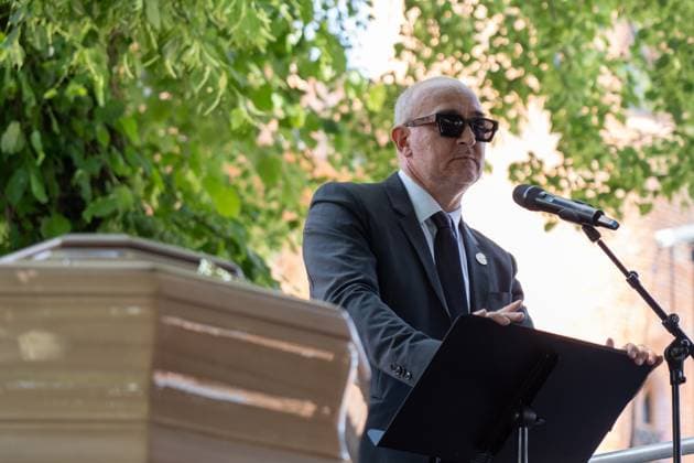 May 24, 2026, Pollenzo, Cn, Italy: Nicola Perllo, dean of the Faculty of Gastronomic Sciences at Pollenzo, speaks at the funeral ceremony for Carlo Petrini, founder of Slow Food, the Terra Madre food fair, and the University of Pollenzo. Pollenzo, May 24, 2026 Pollenzo Italy - ZUMAa289 20260524_zia_a289_054 Copyright: xSelenexDanielex xAgfx