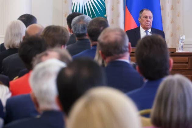 RUSSIA, MOSCOW - MAY 25, 2026: Russia s Minister of Foreign Affairs Sergei Lavrov (R back) during a reception for the heads of missions at the Reception House of Russia’s Ministry of Foreign Affairs on Africa Day. Sergei Fadeichev TASS  93026858