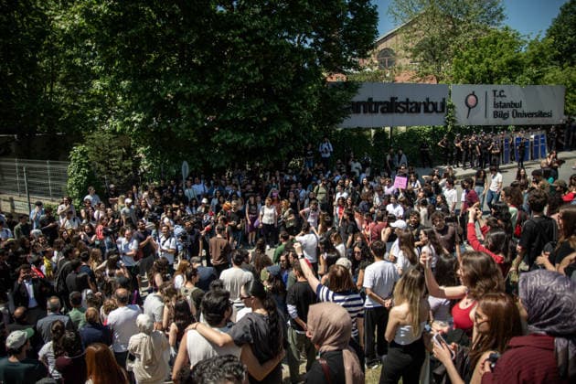 May 25, 2026, Istanbul, Istanbul, Turkey: Students celebrated the reopening of Istanbul Bilgi University on the fourth day of ongoing protests in Istanbul, Turkey, on May 25, 2026. The university, which had previously been shut down by a presidential decree signed by Turkish President Recep Tayyip Erdogan, was reopened following three days of persistent demonstrations and campus occupation by students. Protesters gathered on campus to celebrate the decision and continue calls for academic freedom and democratic rights. Istanbul Turkey - ZUMAt171 20260525_zip_t171_001 Copyright: xAbdullahxTepelix