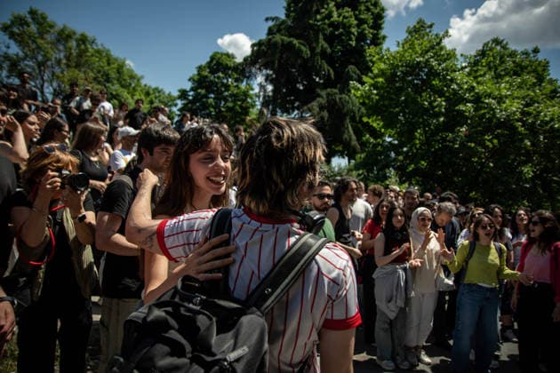 May 25, 2026, Istanbul, Istanbul, Turkey: Students celebrated the reopening of Istanbul Bilgi University on the fourth day of ongoing protests in Istanbul, Turkey, on May 25, 2026. The university, which had previously been shut down by a presidential decree signed by Turkish President Recep Tayyip Erdogan, was reopened following three days of persistent demonstrations and campus occupation by students. Protesters gathered on campus to celebrate the decision and continue calls for academic freedom and democratic rights. Istanbul Turkey - ZUMAt171 20260525_zip_t171_015 Copyright: xAbdullahxTepelix