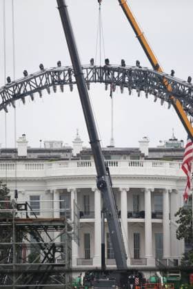 Workers construct pieces of the UFC fighting ring for UFC Freedom 250 at the White House in Washington DC on May 25, 2025. Copyright: xmpi34x MediaPunchx
