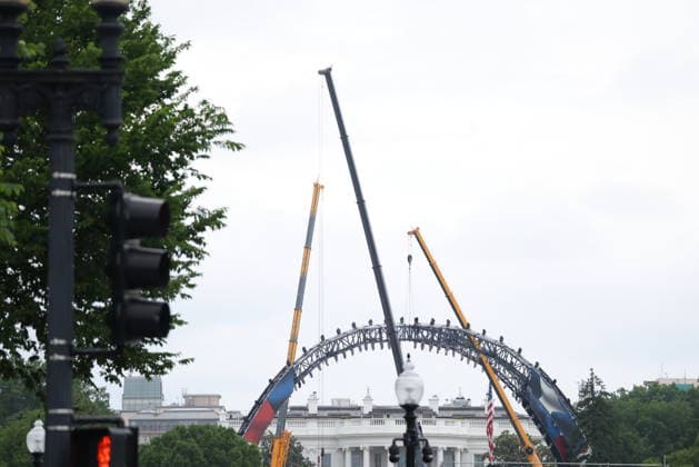 Workers construct pieces of the UFC fighting ring for UFC Freedom 250 at the White House in Washington DC on May 25, 2025. Copyright: xmpi34x MediaPunchx