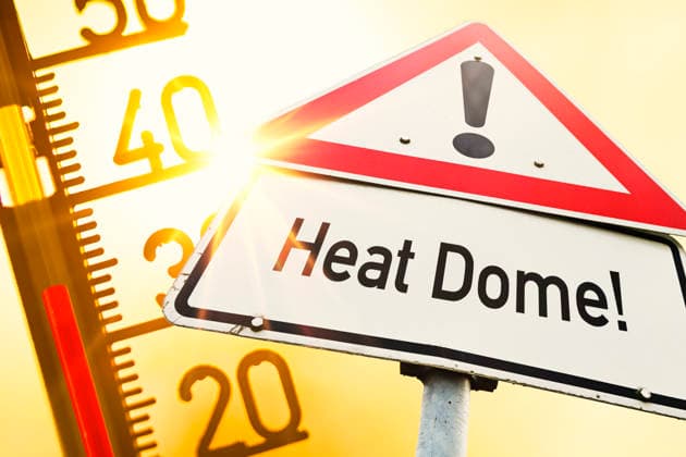 PHOTOMONTAGE, Heat Dome sign and thermometer, symbolic photo heat wave Hamburg Hamburg Germany FOR EDITORIAL PURPOSES ONLY EDITORIAL USE ONLY