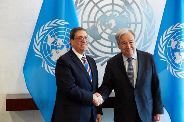 New York, Antonio Guterres trifft Außenminister von Kuba Bruno Rodriguez Parrilla May 26, 2026, New York, New York, USA: United Nations Secretary-General AntoÂ³nio Guterres (r) meets with Cuban Foreign Minister Bruno RodroÂ­guez Parrilla (l) during a bilateral meeting at U.N. Headquarters in New York, May 26, 2026. New York USA - ZUMAs237 20260526_aap_s237_022 Copyright: xMarkxJ.xSullivanx