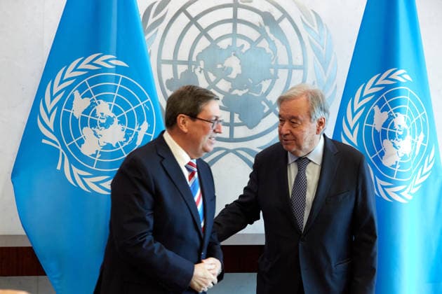 New York, Antonio Guterres trifft Außenminister von Kuba Bruno Rodriguez Parrilla May 26, 2026, New York, New York, USA: United Nations Secretary-General AntoÂ³nio Guterres (r) meets with Cuban Foreign Minister Bruno RodroÂ­guez Parrilla (l) during a bilateral meeting at U.N. Headquarters in New York, May 26, 2026. New York USA - ZUMAs237 20260526_aap_s237_029 Copyright: xMarkxJ.xSullivanx