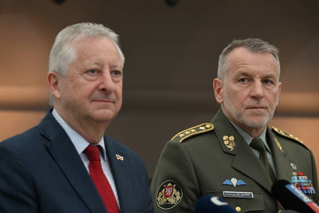 Czech Defence Minister Jaromir Zuna (for SPD), left, and Deputy Chief of General Staff Miroslav Hlavac after the Lower house defence committee meeting to discuss government proposal to appoint general Miroslav Hlavac as new Chief of General Staff, Prague, Czech Republic, May 27, 2026. The Lower house defence committee approved government proposal to appoint Hlavac as Chief of General Staff (CTKxPhoto KaterinaxSulova) CTKPhotoP2026052702481  CTKPhotoP2026052702481