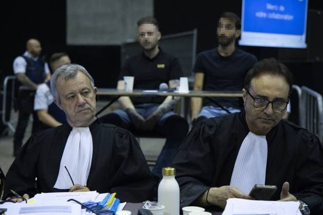 Lawyer Frank Discepoli, defending P. Falzone, Accused Paolo Falzone, Accused Antonino Falzone and Lawyer Fabrice Guttadauria, defending A. Falzone pictured during the trial of P. and A. Falzone, at the Court of Appeal of Mons, on Wednesday 27 May 2026. The trial of the two men concerns the 2022 tragedy in Strepy-Bracquegnies, where a car plowed into a carnival parade around 5:00. Six people died at the scene, and a seventh months later in the hospital. P. Falzone is charged with seven murder and 81 attempted murder. A. Falzone with failure to render aid to a person in danger. The trial is in its fourth week  NICOLASxMAETERLINCK 175149185