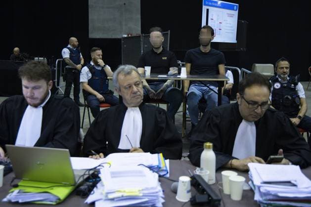 Lawyer Frank Discepoli, defending P. Falzone (C), Accused Paolo Falzone, Accused Antonino Falzone and Lawyer Fabrice Guttadauria, defending A. Falzone pictured during the trial of P. and A. Falzone, at the Court of Appeal of Mons, on Wednesday 27 May 2026. The trial of the two men concerns the 2022 tragedy in Strepy-Bracquegnies, where a car plowed into a carnival parade around 5:00. Six people died at the scene, and a seventh months later in the hospital. P. Falzone is charged with seven murder and 81 attempted murder. A. Falzone with failure to render aid to a person in danger. The trial is in its fourth week  NICOLASxMAETERLINCK 175149201