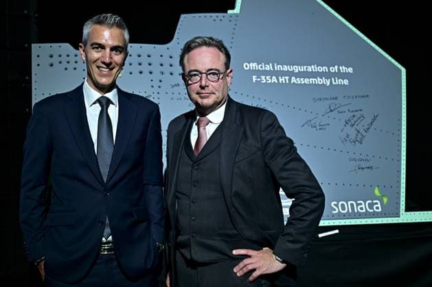 Sonaca CEO Yves Delatte and Prime Minister Bart De Wever pose for the photographer at the official opening of the new production line dedicated to the F-35 program of aerospace company Sonaca, on Thursday 28 May 2026 in Sonacas site in Gosselies, Charleroi.  DIRKxWAEM 175257621