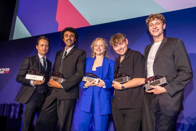 ABB NEWFACES Tom Schilling, Langston Uibel, Kya Celina Barucki, Marcel Philip Ginolas and Jonathan Kriener award winners as guests at the party at the Bunte New Faces Award Film ceremony at Delphi Filmpalast am Zoo on 28 05 2026 in Berlin Berlin Germany