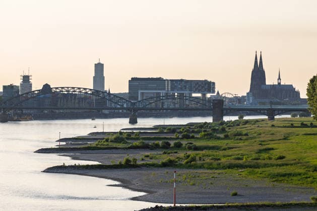 Low water in Cologne 28 05 2026 Low water on the Rhine in Cologne Poll at sunset With a Rhine level of 150 cm at the Cologne gauge, large areas of sand and gravel are exposed on the banks The view from the Rodenkirchen Bridge shows the Rhine with the Cologne skyline, Copyright: xMarcxJohnx