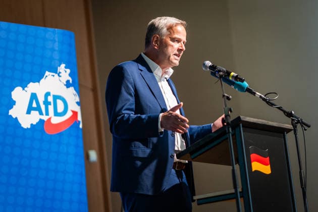 Leif Erik Holm, state chairman and top candidate for the state parliamentary elections gives the opening speech before the state party conference AfD Mecklenburg-Vorpommern state party conference in Grimmen, Grimmen Mecklenburg-Vorpommern Germany Kulturhaus Treffpunkt Europas
