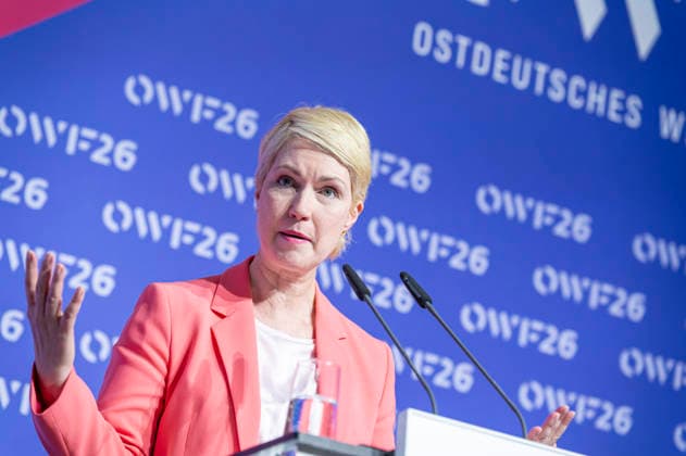 Manuela Schwesig OWF26 EUR, Germany, Berlin, 31 05 2026 Keynote speech by Manuela Schwesig SPD Minister-President of Mecklenburg-Western Pomerania at the conference of the East German Economic Forum under the motto A new Un order, what role does Germany and Europe play in global system