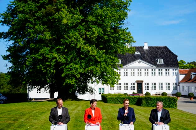 DENMARK Government Platform Presented Party leaders Mette Frederiksen S , Pia Olsen Dyhr SF , Lars Loekke Rasmussen M , and Martin Lidegaard RV present the government platform for a new government in Denmark, at Marienborg on Tuesday, June 2, 2026 Photo Mads Claus Rasmussen Scanpix 2026 , Kgs Lyngby Denmark  Copyright: MadsxClausxRasmussenx spdk20260602-160637-L