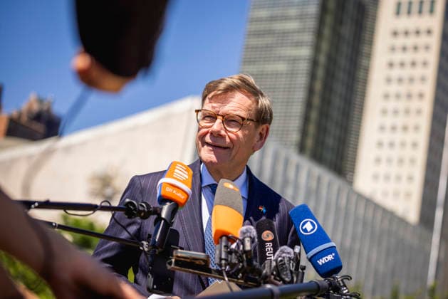 Johann Wadephul CDU , Federal Foreign Minister, photographed during a press statement at the United Nations in New York City, 02 06 2026 The Minister travels to the USA for the election to the non-permanent seat on the United Nations Security Council Photographed on behalf of the Federal Foreign Office New York City United States of America Copyright: xJulianexSonntag AAx