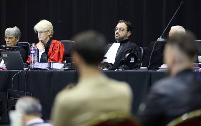 Court chairwoman Martine Baes pictured during the trial of P. and A. Falzone, at the Court of Appeal of Mons, on Wednesday 03 June 2026. The trial of the two men concerns the 2022 tragedy in Strepy-Bracquegnies, where a car plowed into a carnival parade around 5:00. Six people died at the scene, and a seventh months later in the hospital. P. Falzone is charged with seven murder and 81 attempted murder. A. Falzone with failure to render aid to a person in danger. This is the fifth week of this extraordinary trial, the pleadings started.  VIRGINIExLEFOUR 175811365