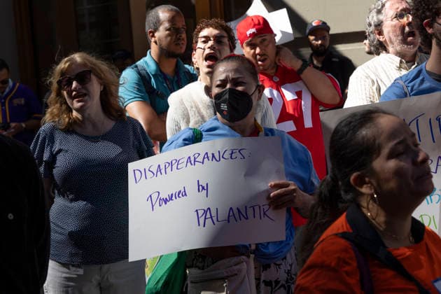June 3, 2026, New York, New York, USA: During Palantir TechnologiesÃ¢â‚¬â ¢ Annual Meeting of Stockholders immigration advocates, family members of those deported and detained, faith leaders, union members and allies rally outside the tech company s office in Manhattan s Chelsea neighborhood denouncing PalantirÃ¢â‚¬â ¢s partnership with U.S. Immigration and Customs Enforcement (ICE) and the US Department of Defense and its role providing software aiding President Trump s mass deportation agenda. Protesters hold signs that read DISAPPEARANCES Powered by PALANTIR. Attendees stand in support of the Congregation of the Sisters of St. Joseph of Peace who put forth Shareholder Proposal 5 during the Annual General Meeting, calling on Palantir to  - ZUMAr174 20260603_znp_r174_012 Copyright: xGinaxMxRandazzox