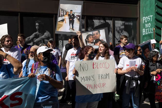June 3, 2026, New York, New York, USA: During Palantir TechnologiesÃ¢â‚¬â ¢ Annual Meeting of Stockholders immigration advocates, family members of those deported and detained, faith leaders, union members and allies rally outside the tech company s office in Manhattan s Chelsea neighborhood denouncing PalantirÃ¢â‚¬â ¢s partnership with U.S. Immigration and Customs Enforcement (ICE) and the US Department of Defense and its role providing software aiding President Trump s mass deportation agenda. Protesters hold signs with family photos of people detained and deported and signs that read NO BLOOD MONEY FROM PALANTIR. Attendees stand in support of the Congregation of the Sisters of St. Joseph of Peace who put forth Shareholder Proposal 5 du  - ZUMAr174 20260603_znp_r174_023 Copyright: xGinaxMxRandazzox