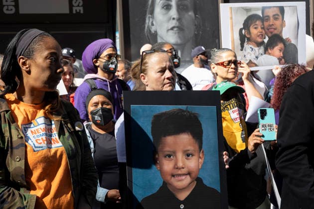 June 3, 2026, New York, New York, USA: During Palantir TechnologiesÃ¢â‚¬â ¢ Annual Meeting of Stockholders immigration advocates, family members of those deported and detained, faith leaders, union members and allies rally outside the tech company s office in Manhattan s Chelsea neighborhood denouncing PalantirÃ¢â‚¬â ¢s partnership with U.S. Immigration and Customs Enforcement (ICE) and the US Department of Defense and its role providing software aiding President Trump s mass deportation agenda. Protesters hold signs with a picture of Martin Soto, leader of the labor and hunger strike at Delaney Hall Immigration Detention Center in Newark, NJ, with his children and a picture of Liam Ramos, a 5 year old who was detained by ICE. Attendees sta - ZUMAr174 20260603_znp_r174_013 Copyright: xGinaxMxRandazzox
