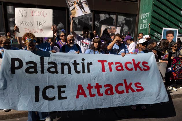 June 3, 2026, New York, New York, USA: During Palantir TechnologiesÃ¢â‚¬â ¢ Annual Meeting of Stockholders immigration advocates, family members of those deported and detained, faith leaders, union members and allies rally outside the tech company s office in Manhattan s Chelsea neighborhood denouncing PalantirÃ¢â‚¬â ¢s partnership with U.S. Immigration and Customs Enforcement (ICE) and the US Department of Defense and its role providing software aiding President Trump s mass deportation agenda. Protesters hold signs with photos of people detained and deported and signs and banners that read Palantir Tracks ICE Attacks NO BLOOD MONEY FROM PALANTIR. Attendees stand in support of the Congregation of the Sisters of St. Joseph of Peace who - ZUMAr174 20260603_znp_r174_020 Copyright: xGinaxMxRandazzox