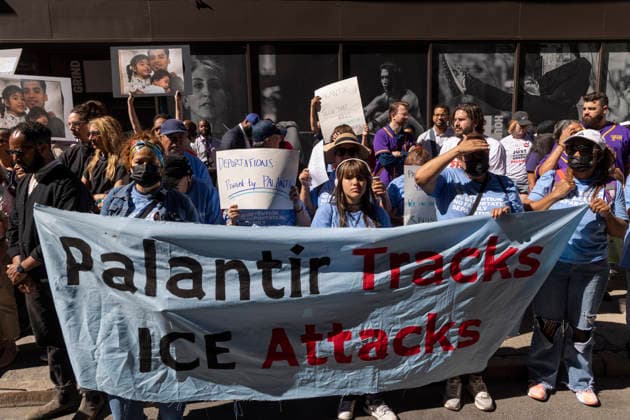 June 3, 2026, New York, New York, USA: During Palantir TechnologiesÃ¢â‚¬â ¢ Annual Meeting of Stockholders immigration advocates, family members of those deported and detained, faith leaders, union members and allies rally outside the tech company s office in Manhattan s Chelsea neighborhood denouncing PalantirÃ¢â‚¬â ¢s partnership with U.S. Immigration and Customs Enforcement (ICE) and the US Department of Defense and its role providing software aiding President Trump s mass deportation agenda. Protesters hold signs and banners that read Palantir Tracks ICE Attacks DEPORTATIONS Powered by PALANTIR. Attendees stand in support of the Congregation of the Sisters of St. Joseph of Peace who put forth Shareholder Proposal 5 during the Annual - ZUMAr174 20260603_znp_r174_027 Copyright: xGinaxMxRandazzox
