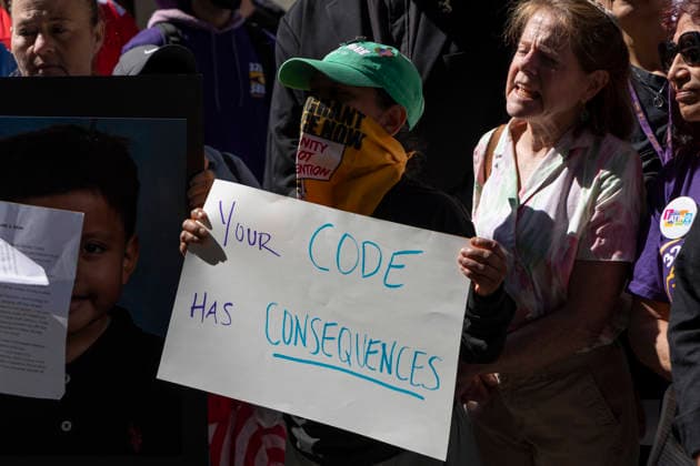 June 3, 2026, New York, New York, USA: During Palantir TechnologiesÃ¢â‚¬â ¢ Annual Meeting of Stockholders immigration advocates, family members of those deported and detained, faith leaders, union members and allies rally outside the tech company s office in Manhattan s Chelsea neighborhood denouncing PalantirÃ¢â‚¬â ¢s partnership with U.S. Immigration and Customs Enforcement (ICE) and the US Department of Defense and its role providing software aiding President Trump s mass deportation agenda. Protesters hold signs that read Your CODE HAS CONSEQUENCES. Attendees stand in support of the Congregation of the Sisters of St. Joseph of Peace who put forth Shareholder Proposal 5 during the Annual General Meeting, calling on Palantir to conduct - ZUMAr174 20260603_znp_r174_030 Copyright: xGinaxMxRandazzox