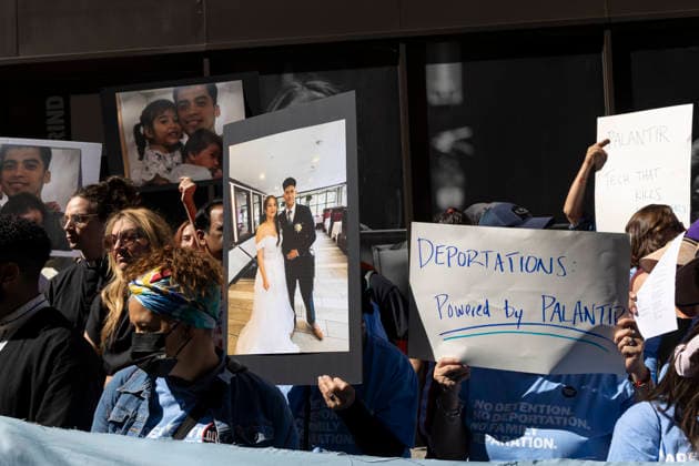 June 3, 2026, New York, New York, USA: During Palantir TechnologiesÃ¢â‚¬â ¢ Annual Meeting of Stockholders immigration advocates, family members of those deported and detained, faith leaders, union members and allies rally outside the tech company s office in Manhattan s Chelsea neighborhood denouncing PalantirÃ¢â‚¬â ¢s partnership with U.S. Immigration and Customs Enforcement (ICE) and the US Department of Defense and its role providing software aiding President Trump s mass deportation agenda. Protesters hold signs with family photos of people detained and deported and signs that read DEPORTATIONS Powered by PALANTIR. Attendees stand in support of the Congregation of the Sisters of St. Joseph of Peace who put forth Shareholder Proposal - ZUMAr174 20260603_znp_r174_031 Copyright: xGinaxMxRandazzox