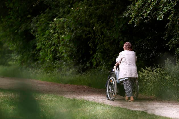 An elderly lady pushes a wheelchair with another sprightly lady through a park Themed image, symbolic image Cologne, 02 06 2026 NRW Germany Copyright: xChristophxHardtx