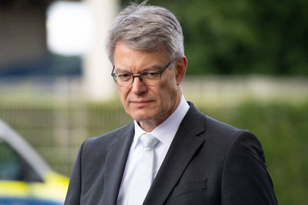 Federal Transport Minister Patrick SCHNIEDER gives an interview, in the background the closed bridge, closure of the highway bridge of the A 565 north of Bonn over the Rhine,