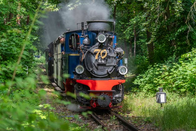 On the anniversary weekend on June 6 and 7, 2026, the park railroad in Volkspark Wuhlheide in Berlin Köpenick will celebrate its 70th birthday Four trains will run on the route, pulled by historic steam locomotives and diesel locomotives The photo shows a train pulled by a historic steam locomotive