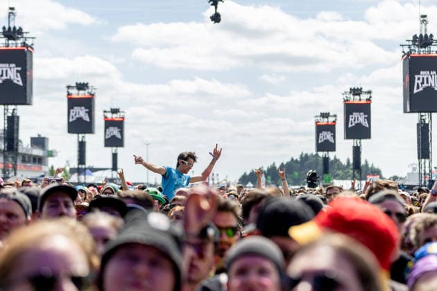 Fans in front of the large Utopia Stage during the performance of the US rap rock band Hollywood Undead as part of the Rock am Ring 2026 festival at the Nürburgring Nürburg Rock am Ring Rheinland Pfalz Germany