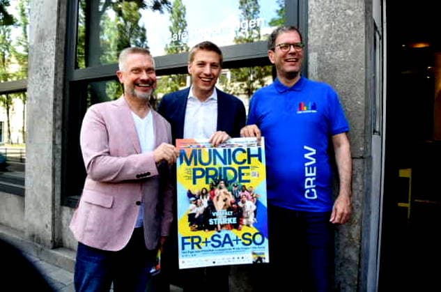 Bernd Mueller City Councillor Rosa Liste Patron CSD, Mayor of Munich Dominik Krause Alex Kluge, Managing Director of CSD Munich 08 06 2026 CSD PRESS CONFERENCE CafÃ Regenbogen on Aidshilfe on the new Pride Mile in Ludwigstraße, the stage programs and our political demands in times of increasing queer hostility Photo Munich