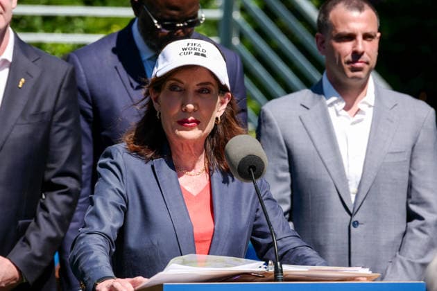 New York, NY- June 8: Governor Hochul and Mayor Mamdani make a World Cup FIFA announcement of a free watch party in Central Park for the FIFA World Cup 2026 Final on Sunday, July 19. With FIFA President Gianni Infantino, George Weah on June 8, 20267 Credit: AdMedia USA - ZUMAa123 20260608_zaa_a123_283 Copyright: xCamaraxPorterx