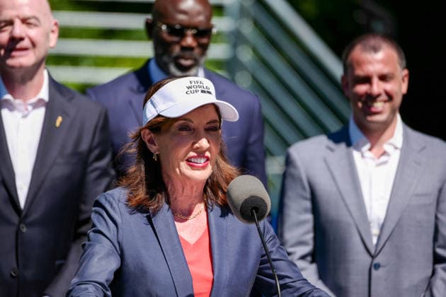 New York, NY- June 8: Governor Hochul and Mayor Mamdani make a World Cup FIFA announcement of a free watch party in Central Park for the FIFA World Cup 2026 Final on Sunday, July 19. With FIFA President Gianni Infantino, George Weah on June 8, 20267 Credit: AdMedia USA - ZUMAa123 20260608_zaa_a123_289 Copyright: xCamaraxPorterx