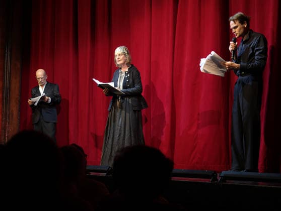 Martin Wuttke, Angela Winkler, Fabian Hinrichs in Berlin Troy of our lives , an evening for Bazon Brock on his 90th birthday at the Renaissance Theater Berlin, 2 6 2026